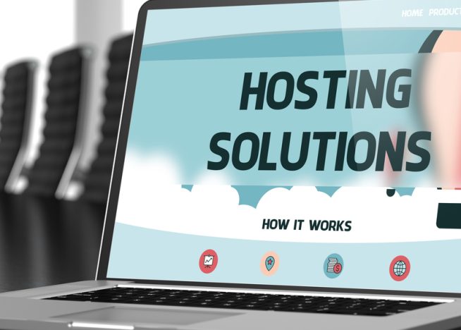 Hosting Solutions on Laptop in Meeting Room. 3D Mobile Computer Screen with Hosting Solutions Concept on Landing Page. Closeup View. Modern Conference Room Background. Blurred. Toned Image. 3D Render.